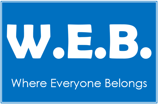 Image of a blue rectangle with the text W.E.B. where everyone belongs 
